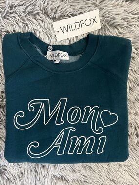 Wildfox Teal 'Mon Ami' Pullover with Heart Script